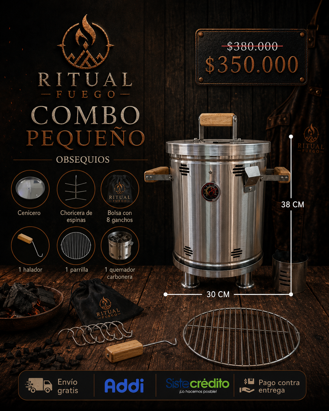 BARRIL Ahumador Asador Premium Acero inoxidable + Obsequios | RITUAL FUEGO