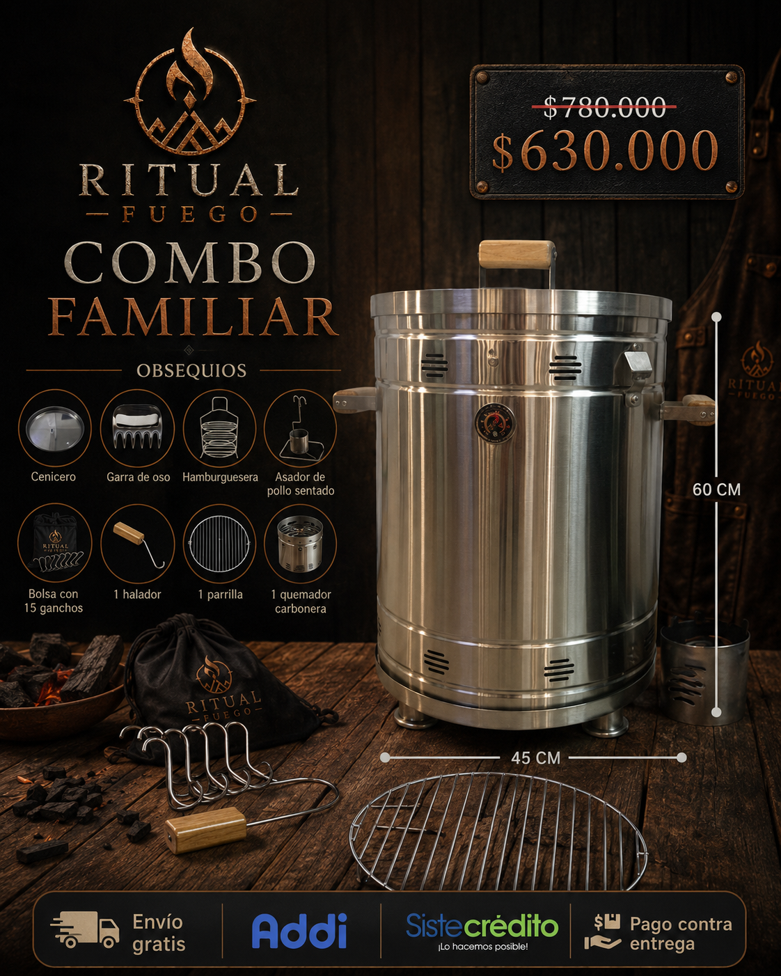 BARRIL Ahumador Asador Premium Acero inoxidable + Obsequios | RITUAL FUEGO