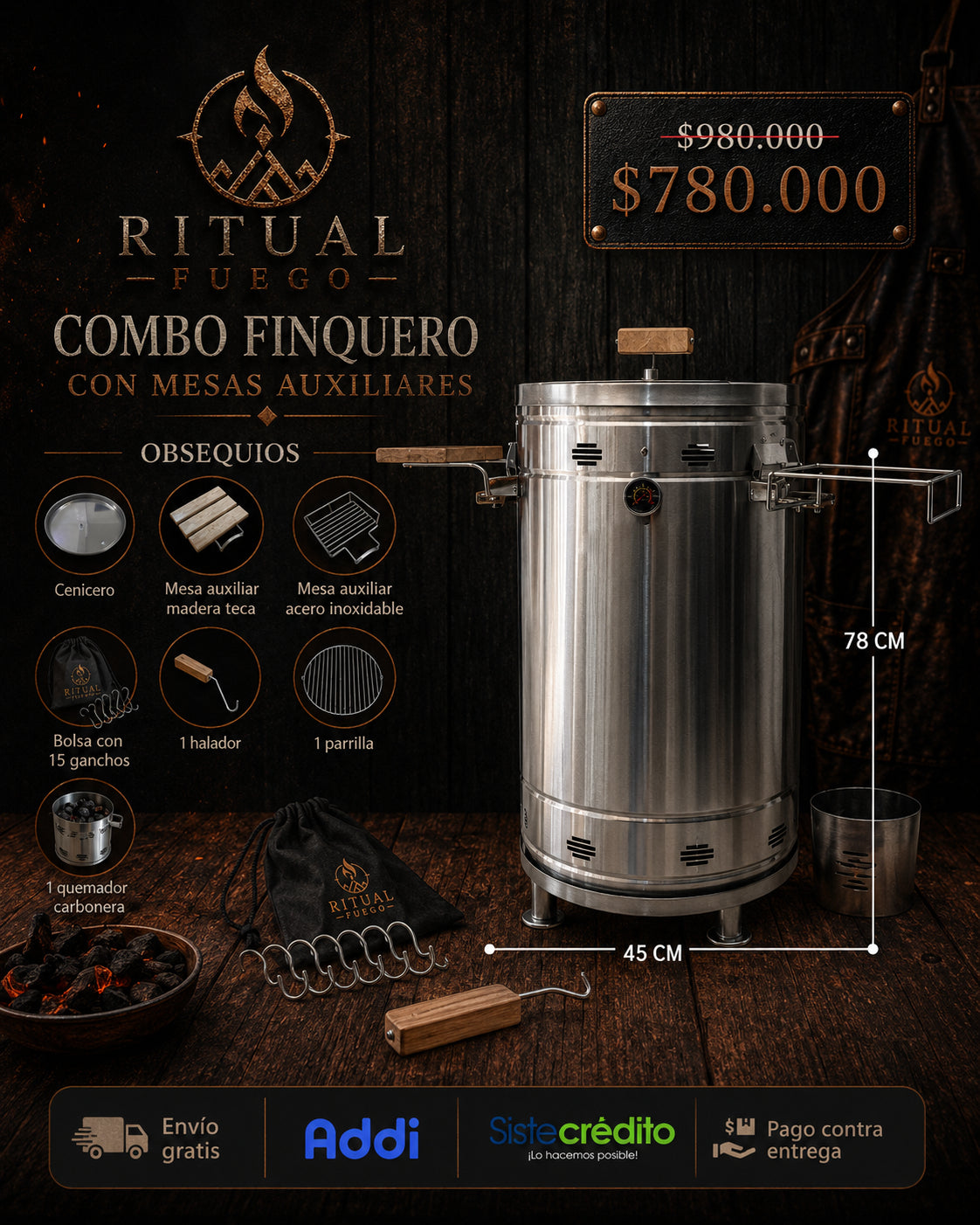 BARRIL Ahumador Asador Premium Acero inoxidable + Obsequios | RITUAL FUEGO