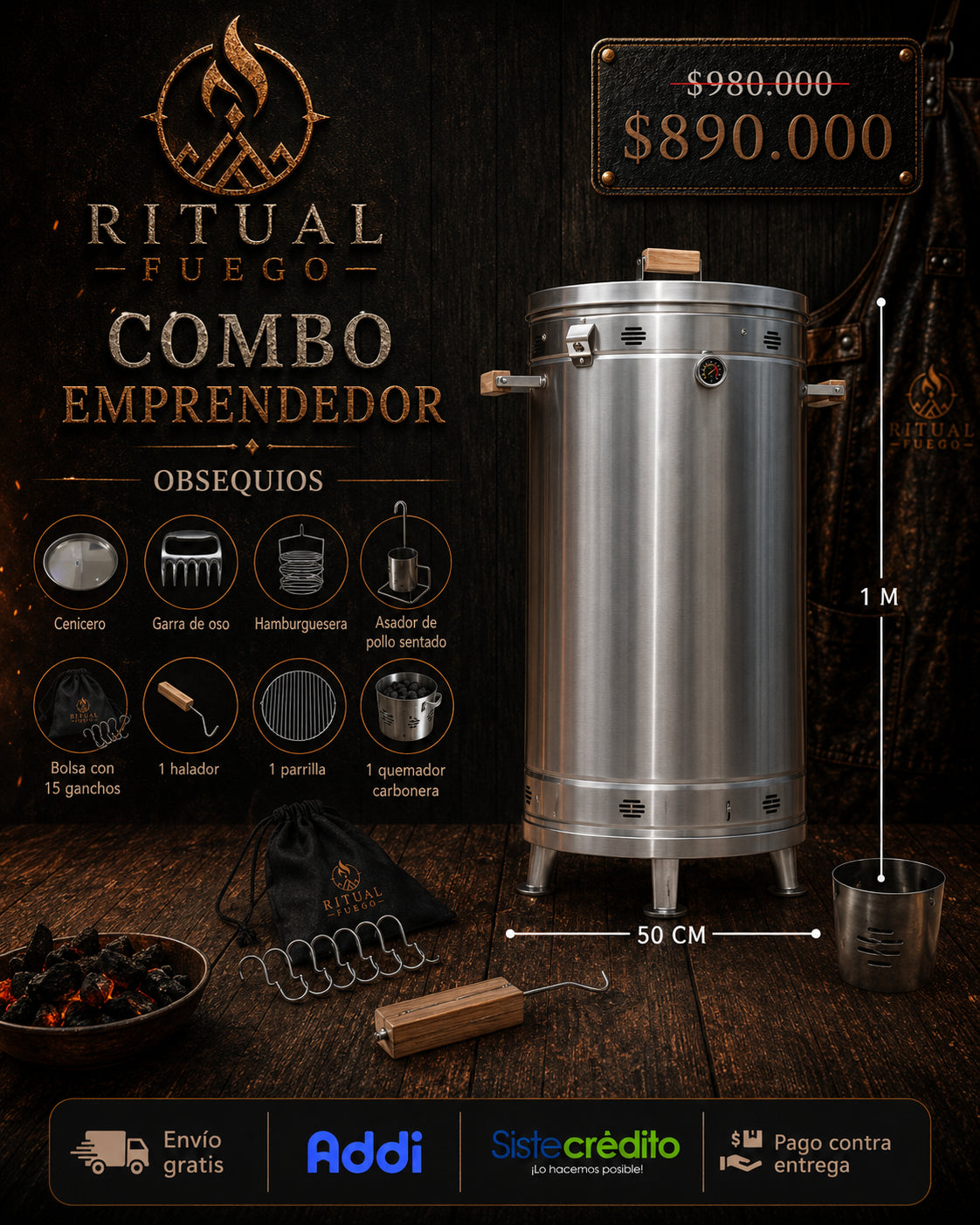 BARRIL Ahumador Asador Premium Acero inoxidable + Obsequios | RITUAL FUEGO