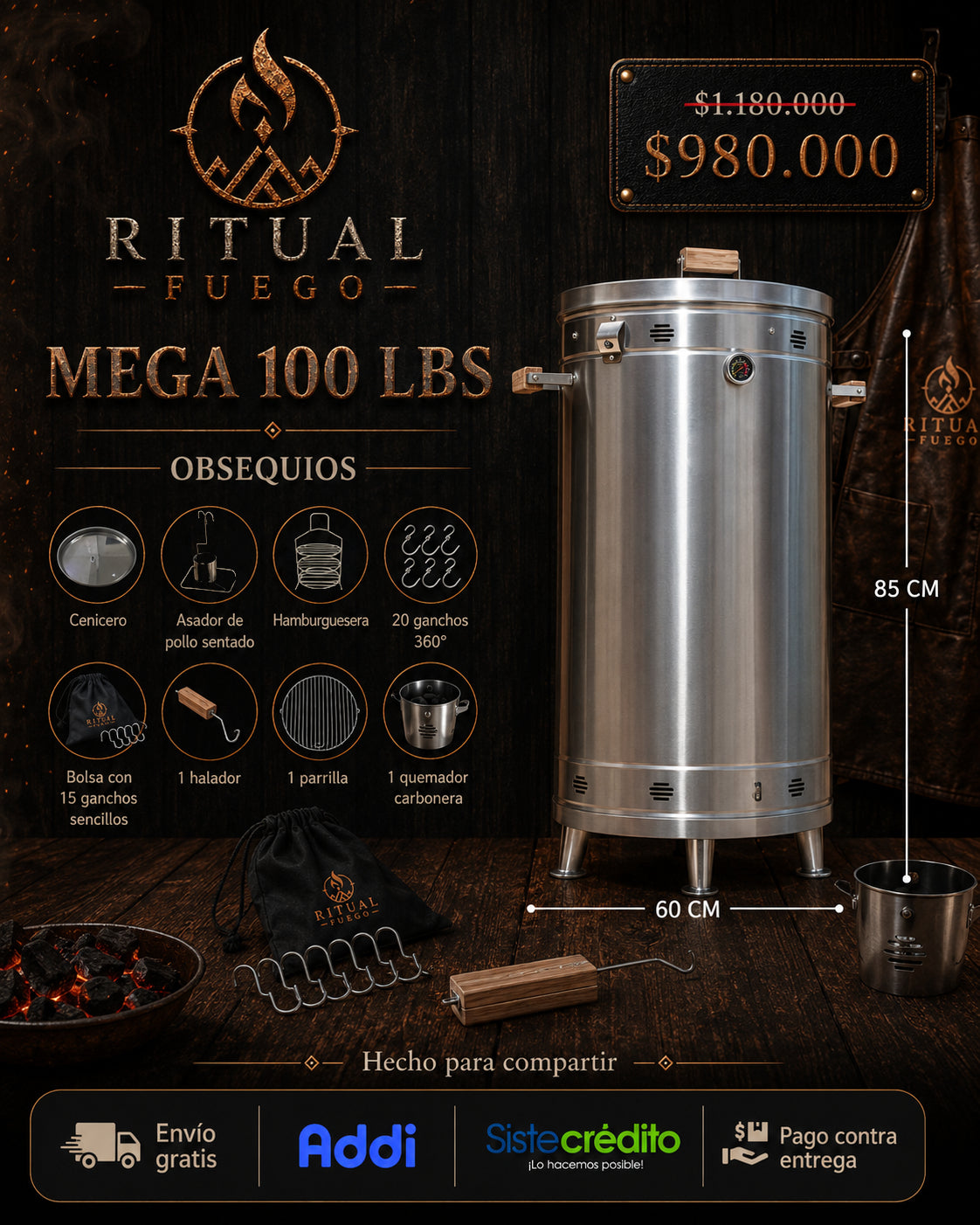 BARRIL Ahumador Asador Premium Acero inoxidable + Obsequios | RITUAL FUEGO